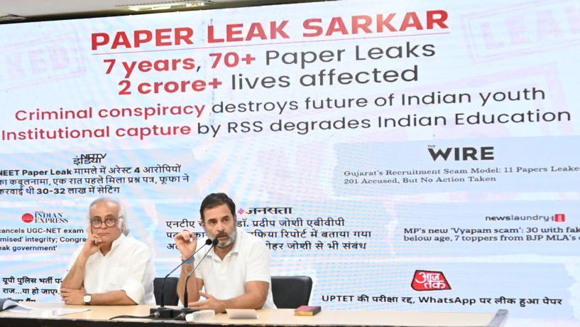 Congress leader and MP Rahul Gandhi with party spokesman Jairam Ramesh, addressing media person on the issue of Neet Exam at AICC HQ on June 20, 2024 in Delhi