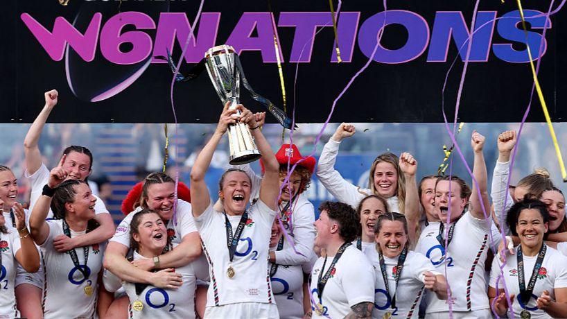 England captain Zoe Aldcroft lifts the 2025 Women's Six Nations trophy