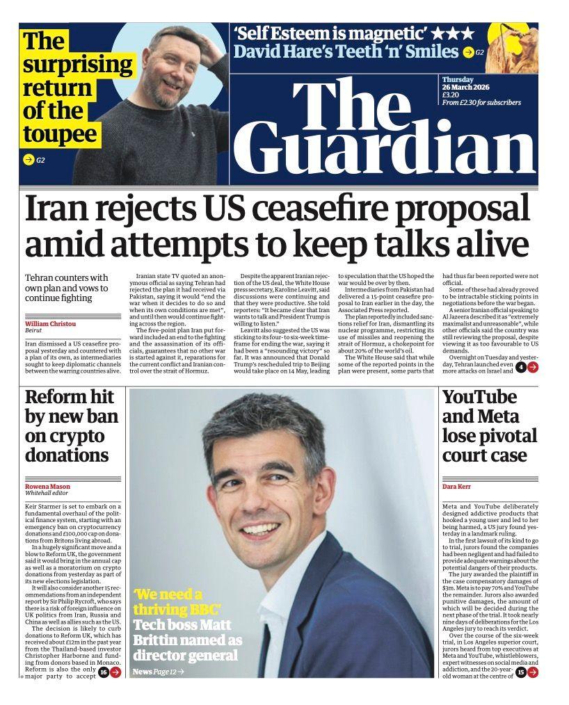 Titulli në faqen e parë të gazetës Guardian thotë: “Irani e hedh poshtë propozimin e SHBA-së për armëpushim mes përpjekjeve për të mbajtur gjallë bisedimet”.