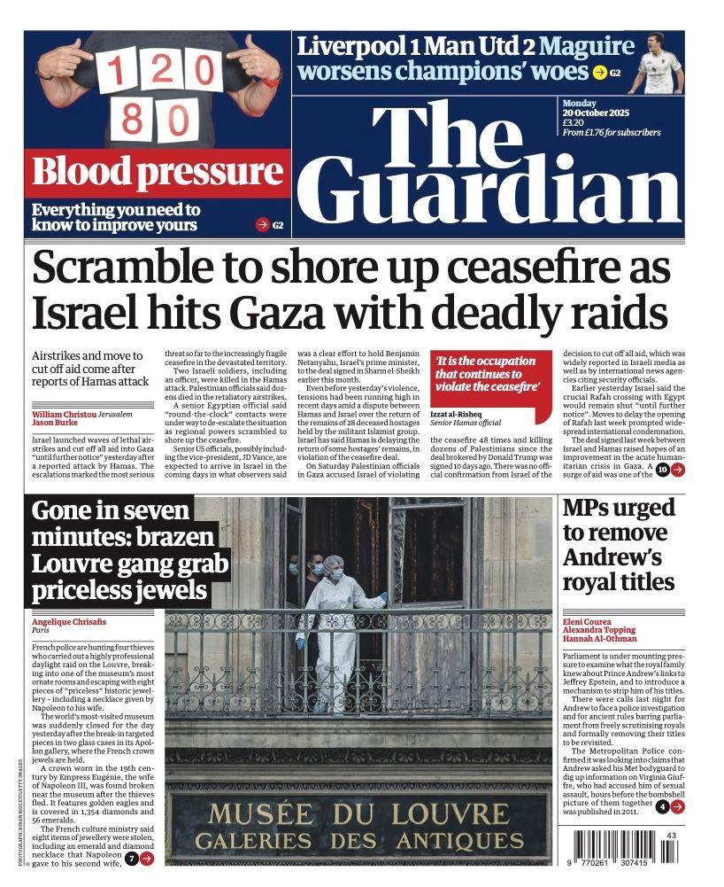 "Scramble to shore up ceasefire as Israel hits Gaza with deadly raids", reads the headline on the front page of the Guardian