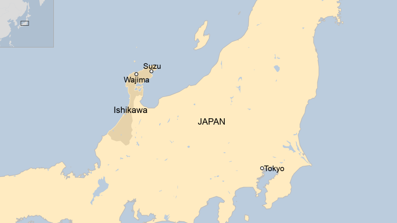 Map of Japan showing the cities of Wajima and Suzu in Ishikawa prefecture