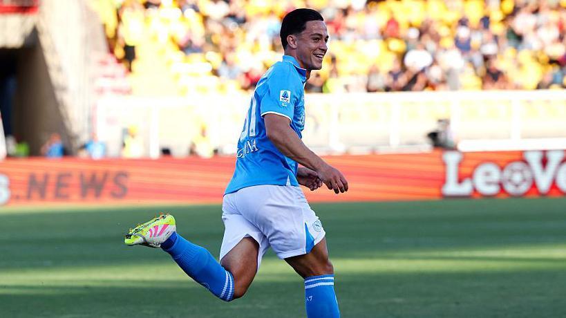 Giacomo Raspadori wheels away after scoring a free-kick during Napoli's Serie A match against Lecce
