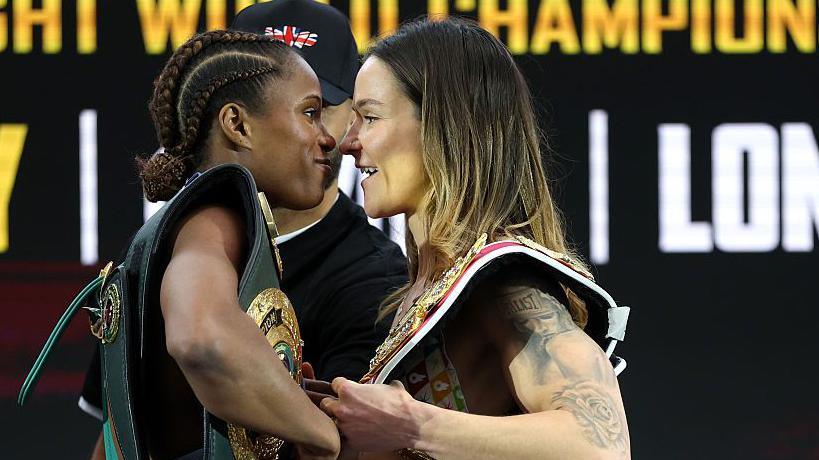 Caroline Dubois and Terri Harper face off at a weigh-in