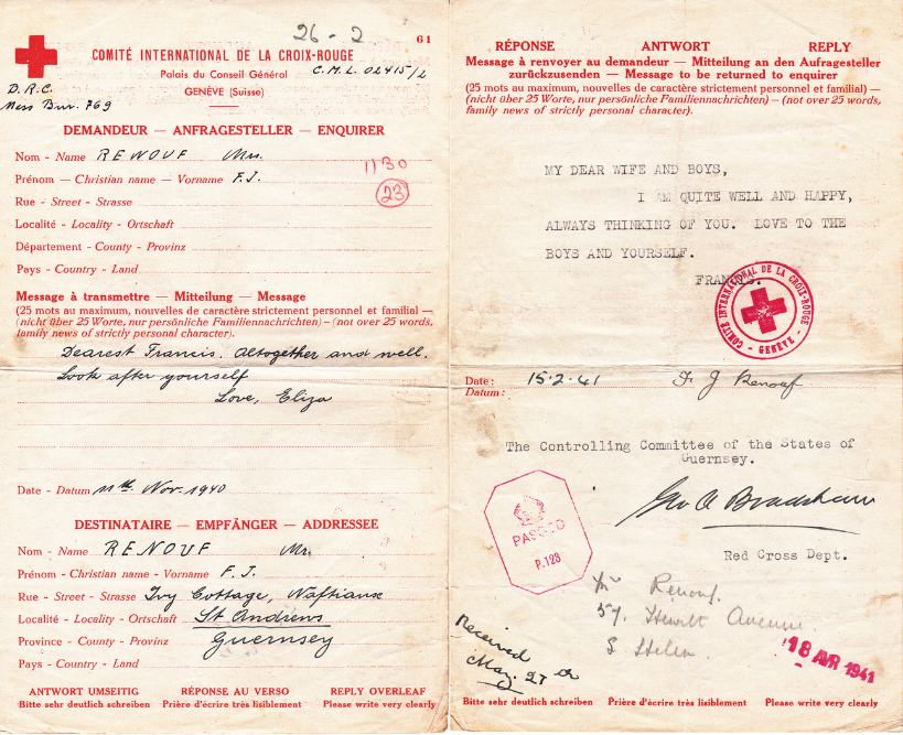 Picture of two Red Cross messages sent by Eric Renouf's parents in 1940 and 1941