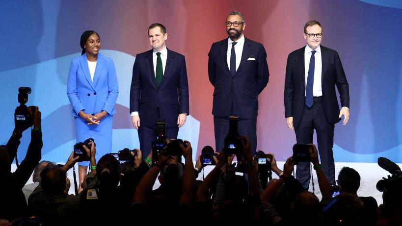 Conservative leadership contenders Kemi Badenoch, Robert Jenrick, James Cleverly and Tom Tugendhat on the final day of the Conservative party conference in Birmingham on 2 October