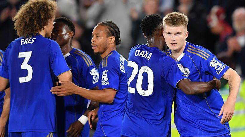 Leicester players celebrate Jordan James' goal against Wrexham in midweek