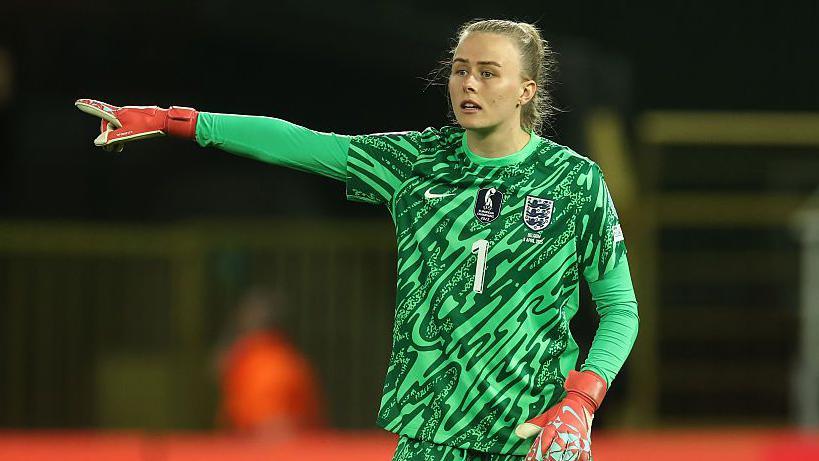 England goalkeeper Hannah Hampton gesticulates