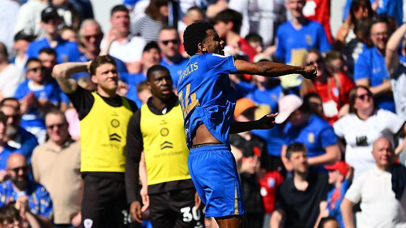 Jhon Solis punching the air after scoring Birmingham City's second goal against Bristol City