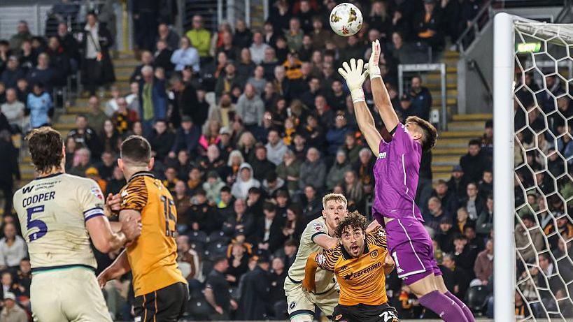 Hull City keeper Ivor Pandur comes off his line to catch a high cross