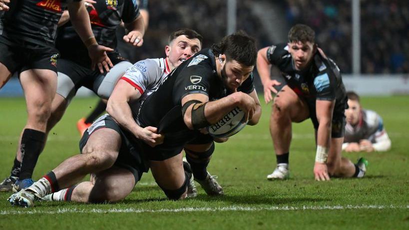 Ethan Roots scores Exeter's fourth try against Saracens