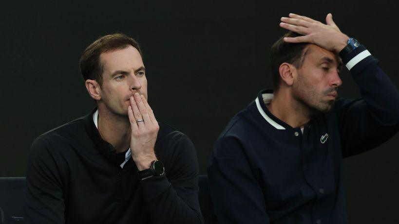 Andy Murray and Carlos Herrera Gomez react during a Novak Djokovic in Melbourne