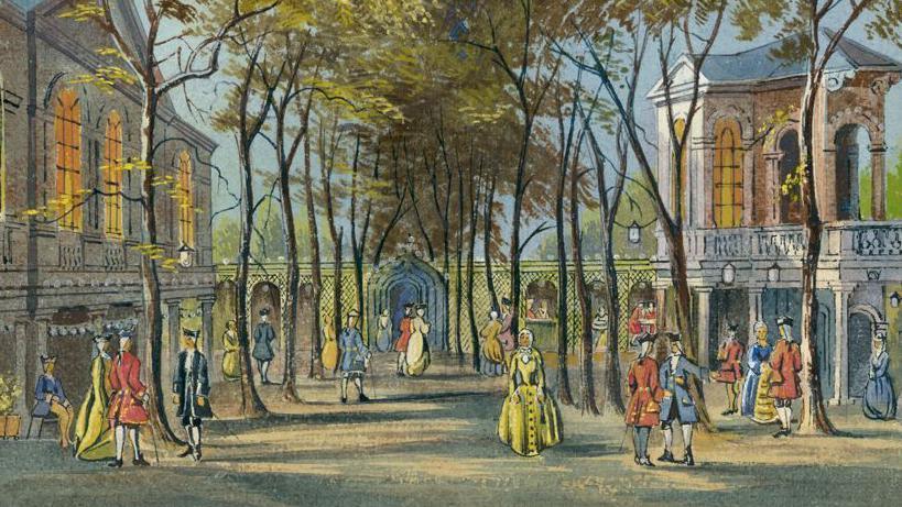 A painting showing people in traditional Georgian clothes in Marylebone Gardens, London, in 1778. Large buildings are scattered between trees.