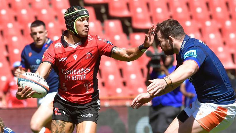 Edwill Van Der Merwe of the Lions with the ball during the United Rugby Championship match between Emirates Lions and Edinburgh at Emirates Airline Park on October 05, 2024 in Johannesburg, South Africa.