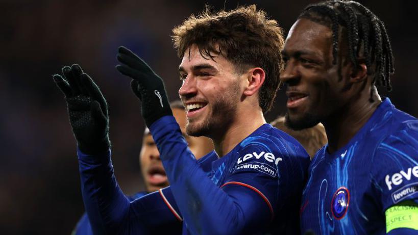 Marc Guiu celebrates scoring for Chelsea against Shamrock Rovers in the Conference League