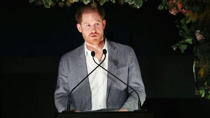 Prince Harry makes a speech in January 2020 about his plans to step down from his royal life