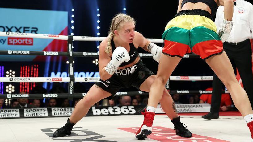 Ebonie Jones prepares to throw a shot during the Bantamweight fight against Vaida Masiokaite at SSE Arena on October 02, 2021 in London