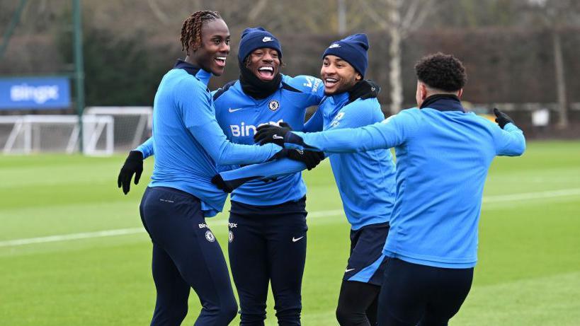 Trevoh Chalobah, left, training on Friday at Chelsea's Cobham training ground, with Noni Madueke, Christopher Nkunku and Jadon Sancho