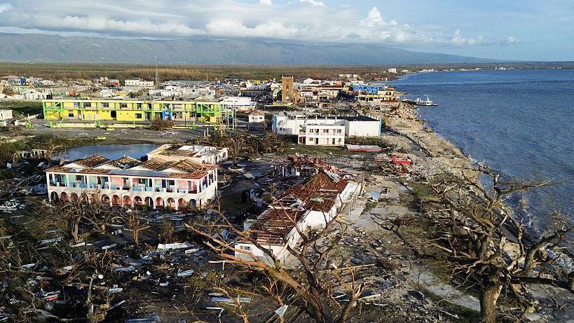 Aerial shot showing destroyed buildings following the passage of Hurricane Melissa