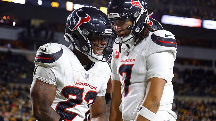 Woody Marks and CJ Stroud celebrate after a touchdown for the Houston Texans against the Pittsburgh Steelers