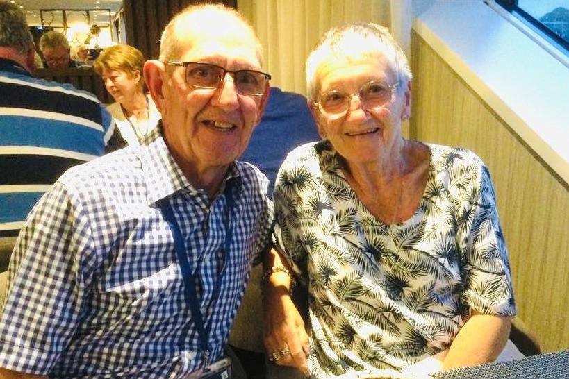 Bill and Aileen Turnbull pictured as they are now, smiling, 57 years after getting married