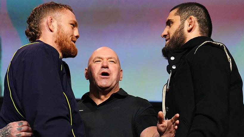 Jack Della Maddalena is stopped by Dana White from getting closer to Islam Makhachev during a face-off