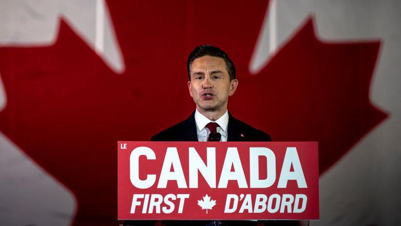 Canada's Conservative Party Leader Pierre Poilievre speaks to the crowd at the "Canada First" rally at the Rogers Center on February 15, 2025 in Ottawa, Canada.