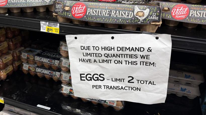 Signage notes a limit due to limited quantities of eggs at a grocery store in Manhattan Beach, California