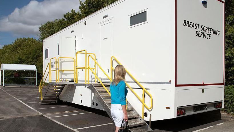 Generic image of a mobile breast screening unit in a car park. It has yellow railings on steps leading to the door and the words "breast screening service" on the rear of the trailer