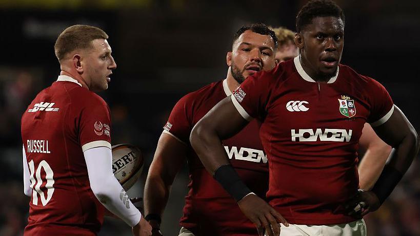 Finn Russell, Ellis Genge and Maro Itoje