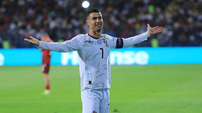 Cristiano Ronaldo celebrates scoring against Armenia 