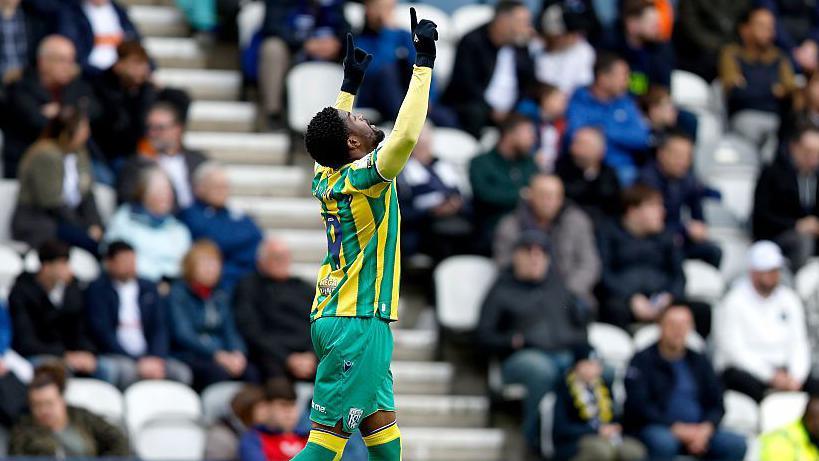 Josh Maja points to the heavens after scoring his sixth goal of the season for West Brom at Preston.