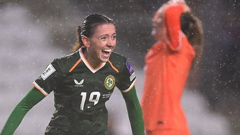 Abbie Larkin celebrates scoring a goal