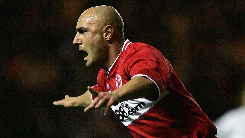 Massimo Maccarone celebrates scoring the winning goal against Basel in the 2006 Uefa Cup quarter-final
