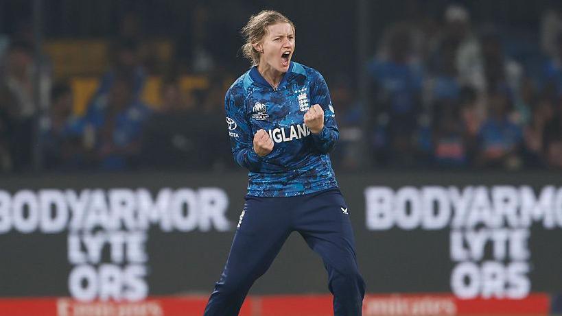 Charlie Dean in action during the Women's Cricket World Cup in India
