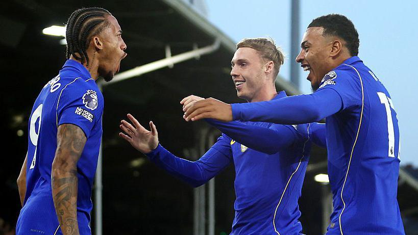 Joao Pedro, Cole Palmer and Morgan Rogers celebrate during Chelsea's win at Fulham