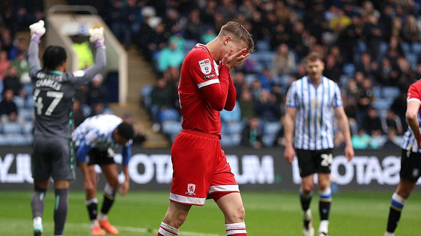 Middlesbrough's Marcus Forss holds his head in his hands after missing a chance to score at Sheffield Wednesday