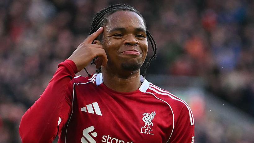 Rio Ngumoha celebrates after putting Liverpool ahead in the Premier League game against Fulham at Anfield.