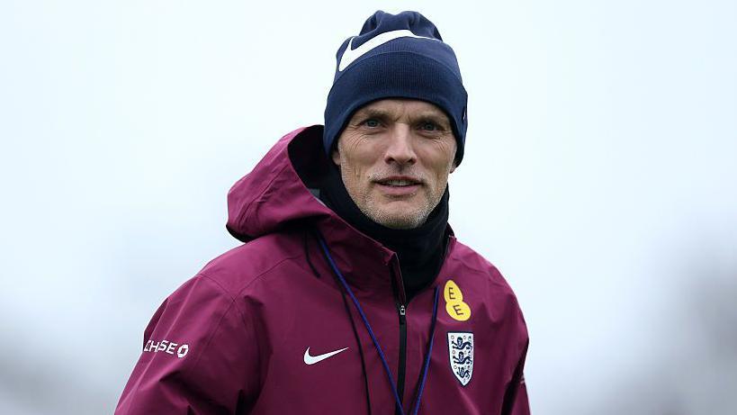 Thomas Tuchel, head coach of England, looks on during England training session on 15 November 2025
