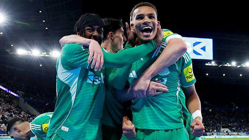 Malick Thiaw celebrates after scoring his second goal in Newcastle United's game against Everton at the Hill Dickinson Stadium on 29 November, 2025