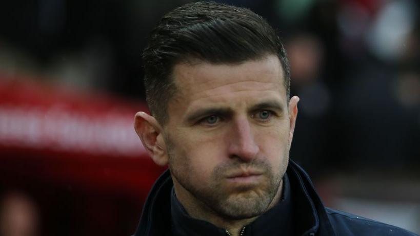 Portsmouth manager John Mousinho at the Stadium of Light