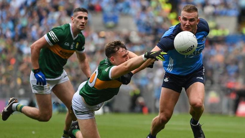 Dublin's Ciaran Kilkenny is challenged by Dara Moynihan during the 2023 All-Ireland final