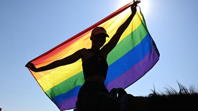 A shadowed figure holding an LGBTQ+ rainbow flag