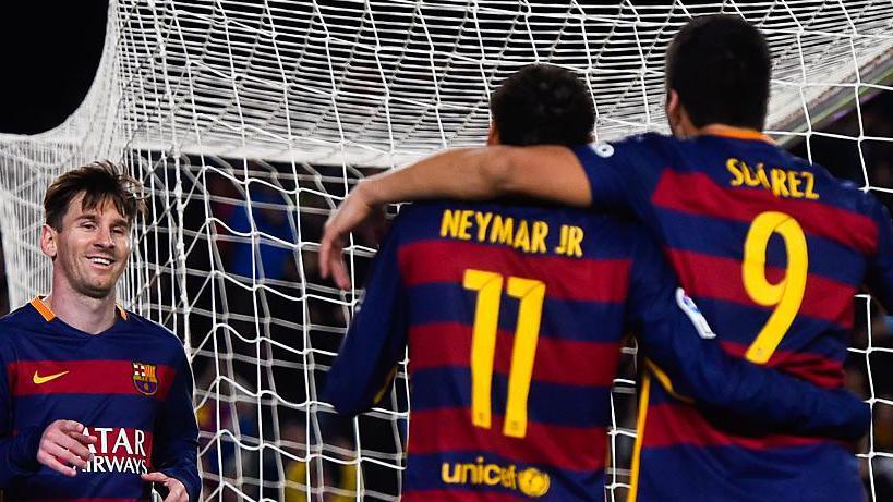 Lionel Messi, Luis Suarez and Neymar celebrate together during their time as Barcelona’s prolific attacking trio