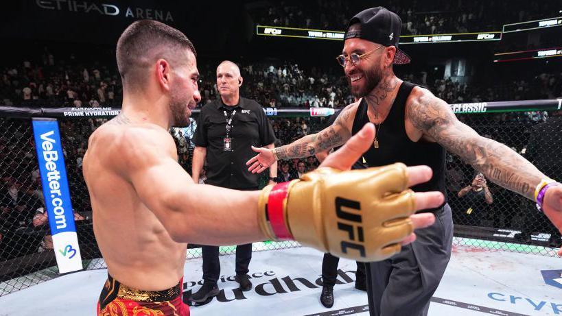 Ilia Topuria and Sergio Ramos celebrate at UFC 308