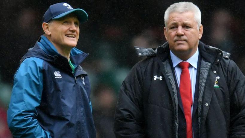 Joe Schmidt and Warren Gatland talking in 2019 before Wales defeated Ireland in Cardiff