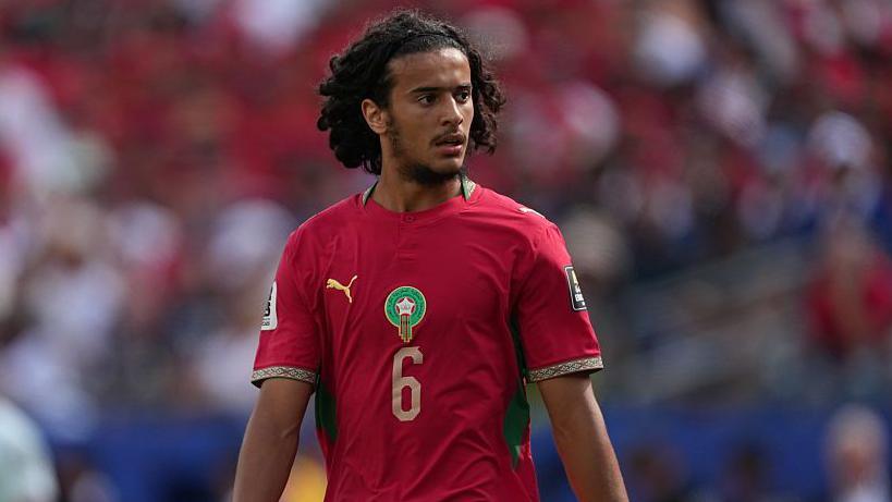 Ayyoub Bouaddi in Morocco's largely red shirt, with number 6 on the front