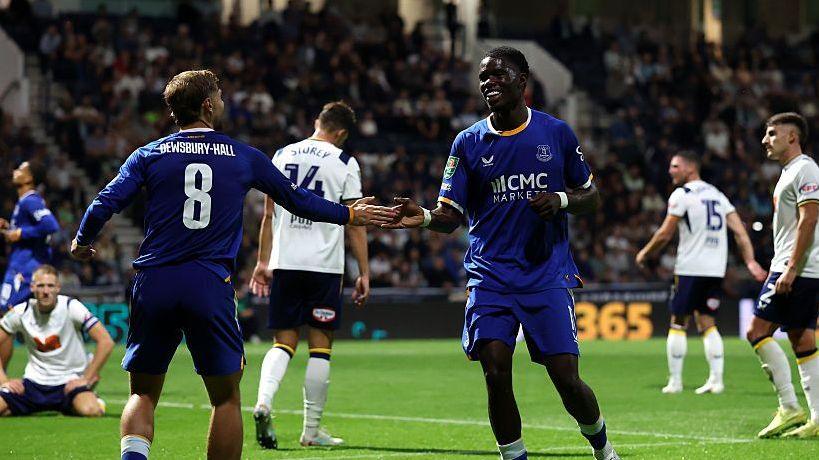 Everton striker Thierno Barry celebrates after scoring against Preston