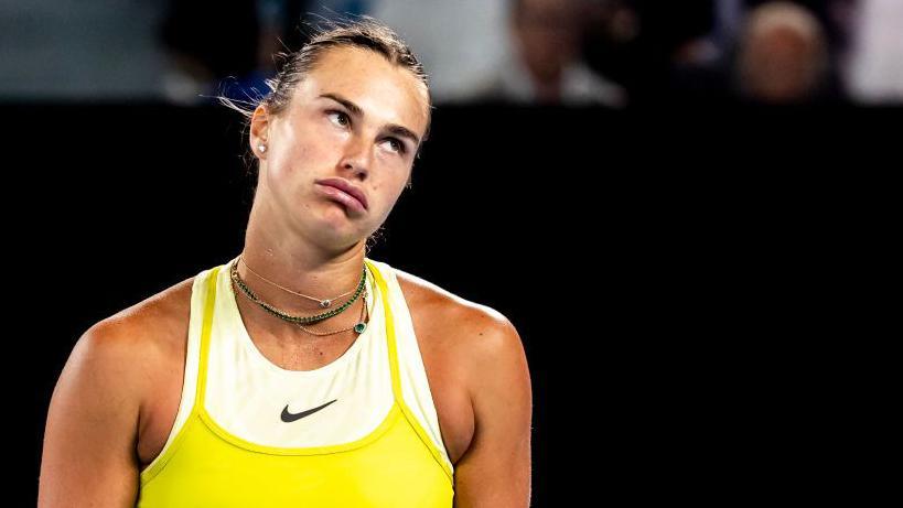 Aryna Sabalenka reacts during her Australian Open defeat by Madison Keys