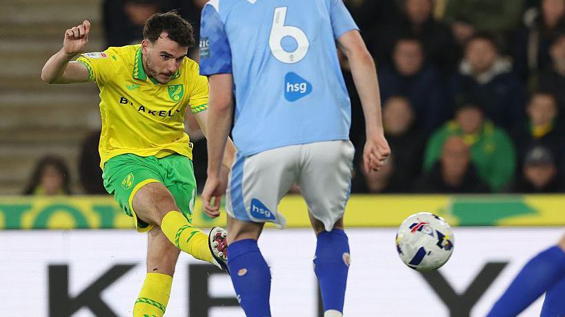 Liam Gibbs curls home Norwich City's winner against Derby County with his right foot to register his first goal in three years.