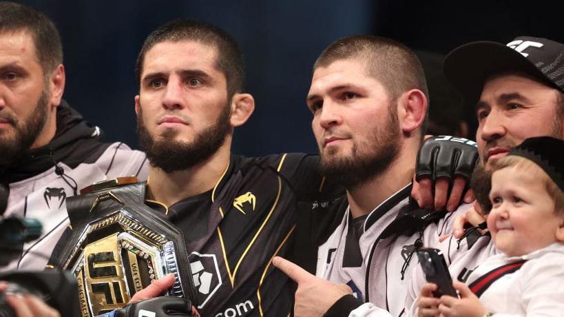 Islam Makhachev and Khabib Nurmagomedov at UFC 280 in 2022